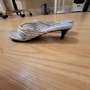 Lauren silver sandal with kitten heel.